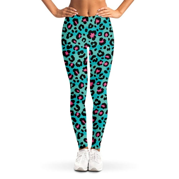 Turquoise And Pink Leopard Print Leggings, Leopard Wide Animal Sexy Yoga Leggings For Women.