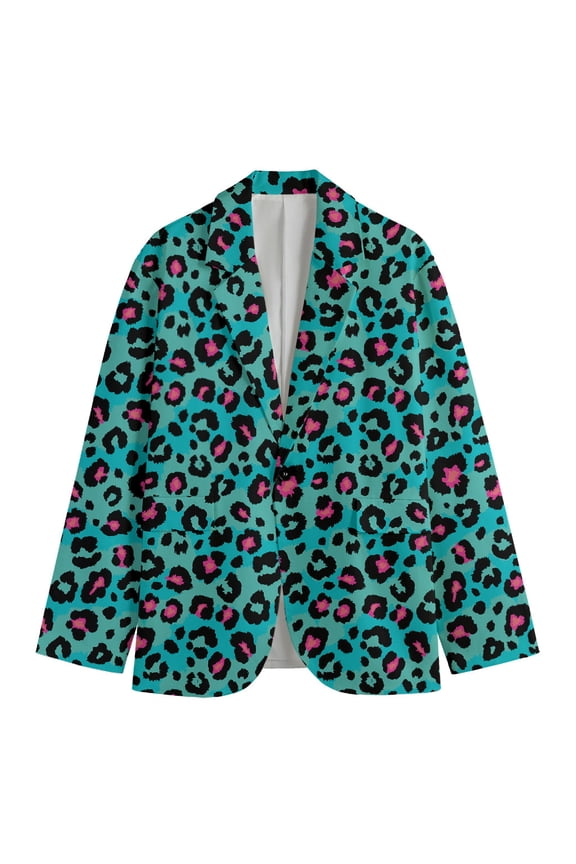 Turquoise And Pink Leopard Print Men'S Blazer, Wide Animal Fun Novelty Blazer