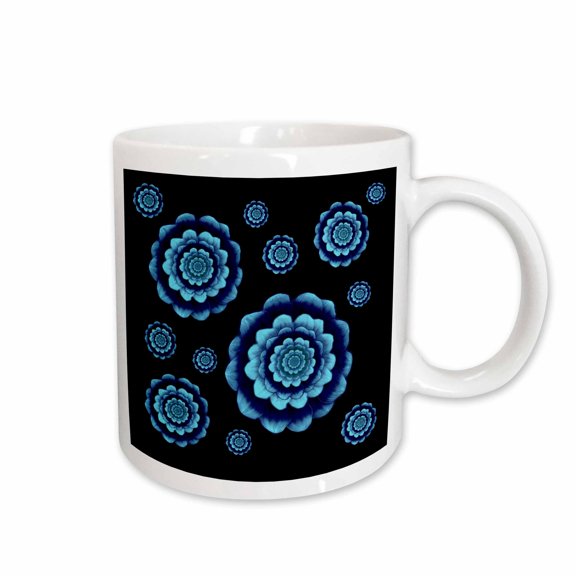 3drose, Turquoise and Royal Blue Fantasy Mandala Flowers on Black Background, 15oz Mug