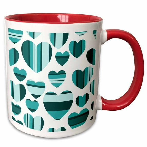 3drose, Turquoise and White Large and Small Striped Hearts, 11oz Two-tone Red Mug