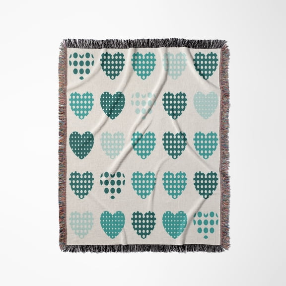 Turquoise And White Polka Dot Hearts In A Row, Woven Blanket
