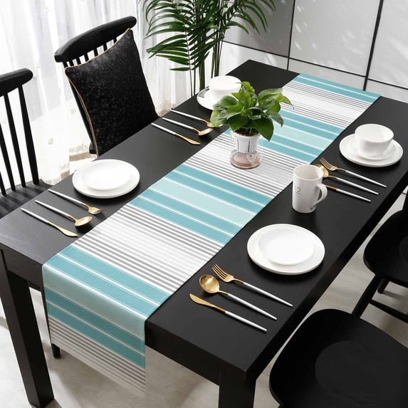 Turquoise Aqua Stripes Cotton Linen Table Runner 14 x 72 inch Modern Minimalist Abstract Lines Non-slip Rectangular Dining Table Decor for Wedding Party Holiday Dinner