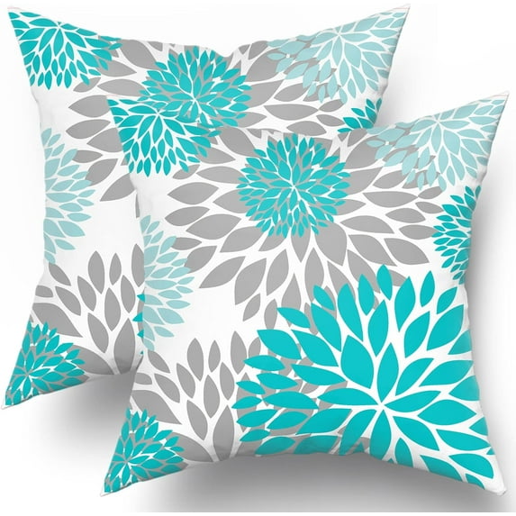 Turquoise Aqua Throw Pillows Covers 16x16 Set of 2, Teal Blue Dahlia Flower Pillow Cushion Cases, Grey Floral Decor Throw Pillows Cover Gifts for Bed Couch Sofa Living Room