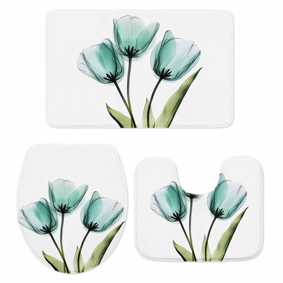 Turquoise Aqua Tulips Bath Mat 3 Piece Bathroom Rug Set, Pastoral Flower Floral Spring Non Slip Bath Rug Contour Mat and Toilet Lid Cover, Absorbent Shower Mats Soft Bath Rugs and Mats Sets