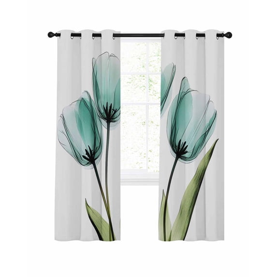 Turquoise Aqua Tulips Blackout Curtains 39 Inches Long for Bedroom, Pastoral Flower Floral Spring Thermal Insulated Room Darkening Black Out Window Curtain Panels Grommet Drapes for Living Room