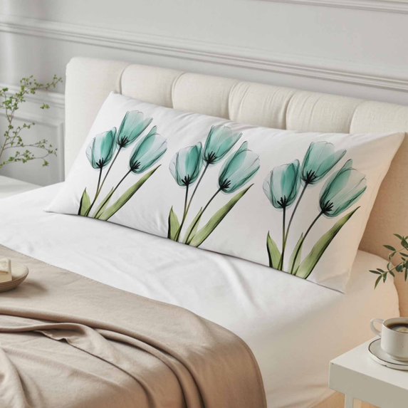 Turquoise Aqua Tulips Body Pillow Cover, Pillowcase Protectors with Zipper, Breathable Decorative Throw Pillow Case Cover, Pastoral Flower Floral Spring Pillow Shams for Couch Sofa 20x60Inch