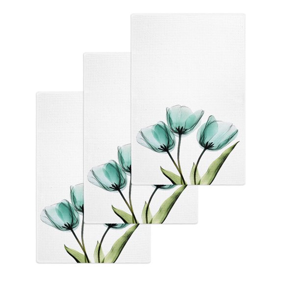 Turquoise Aqua Tulips Kitchen Dish Towels for Drying Dishes Set of 3, Pastoral Flower Floral Spring Waffle Weave Microfiber Hand Tea Bathroom Towels Quick Dry & Absorbent Towel 15.7x23.6