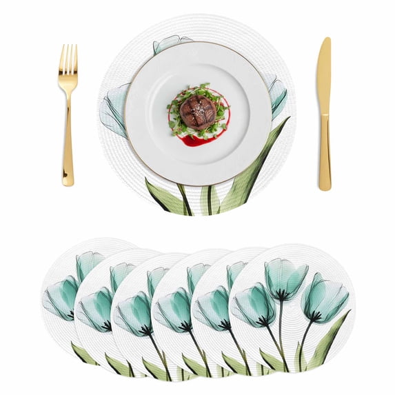 Turquoise Aqua Tulips Round 15 Inch Placemats Set of 6, Pastoral Flower Floral Spring HeatResistant Non Slip Place Mats for Dining Table, Wipeable Braided Kitchen Table Mats for Housewarming