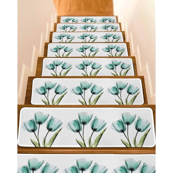 Turquoise Aqua Tulips Stair Treads for Wooden Steps Indoor Runner Rug Carpet, Pastoral Flower Floral Spring 4 Pieces Peel and Stick Staircase Step Treads Covers Washable Throw Door Mats, 30"x8"