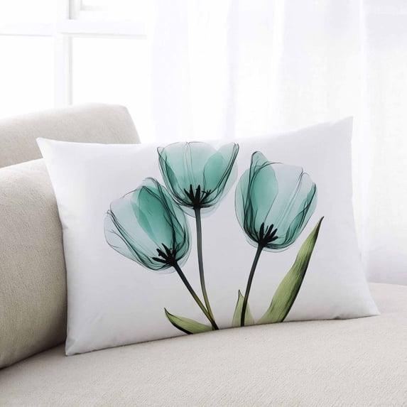 Turquoise Aqua Tulips Throw Pillow Cover, Pillowcase Protectors with Zipper, Breathable Decorative Lumbar Pillow Case Cover, Pastoral Flower Floral Spring Pillow Shams for Couch Sofa 16x24Inch