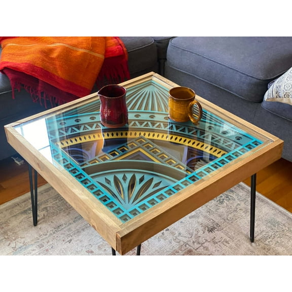 Turquoise, Aqua, and Bright Yellow Mandala Coffee Table - 25x25"