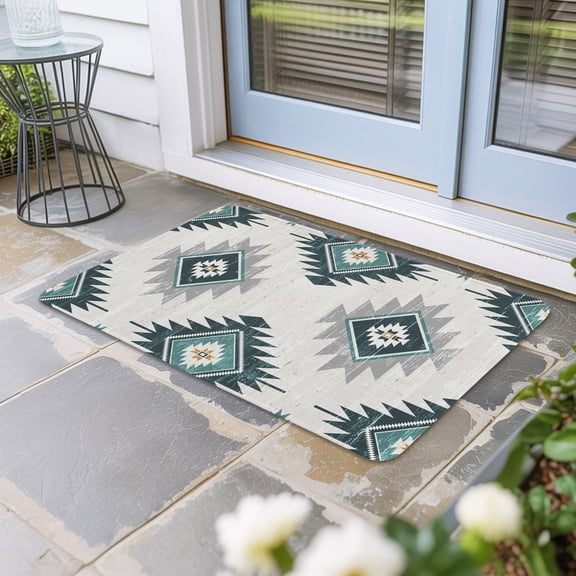 Turquoise Aztec Door Mat Indoor Outdoor, Bohemian Southwest Neutral Aesthetic Non Slip Welcome Mat with Rubber Backing, Absorbent Fabric Front Door Mats Entryway Rug for Home Patio Entrance 24"x36"