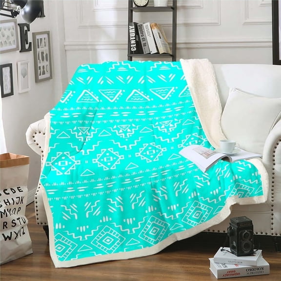 Turquoise Aztec Fleece Blanket Western Boho Throw Blanket Teal Bohemian Geometric Sherpa Blanket Baby 30"X40" for Kids Adults Exotic Tribal Ethnic Flannel Blanket Rustic Farmhouse Decor