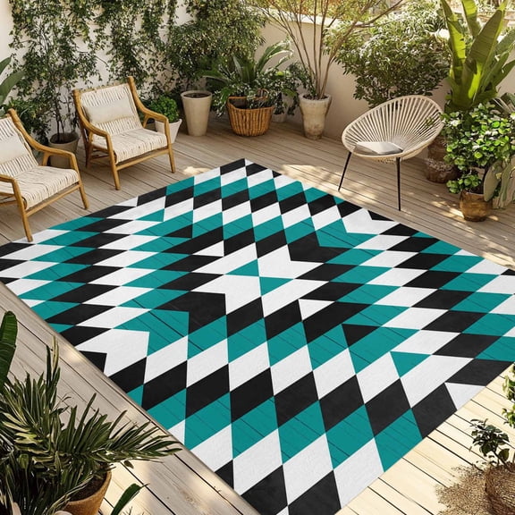 Turquoise Aztec Outdoor Rug 4x6 Ft - Reversible Patio Rug Outdoor Camping Rugs, Black White Southwest Vintage Geometric Indoor Outdoor Area Rugs, Non-Slip Outdoor Carpet Runner for Deck/Porch