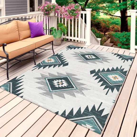Turquoise Aztec Outdoor Rug 5x7 Ft, Non Slip Washable Area Rug, Bohemian Southwest Neutral Aesthetic Patio Rugs Carpet Runner, Large Floor Mat for Indoor/Outdoor Deck Porch Camping
