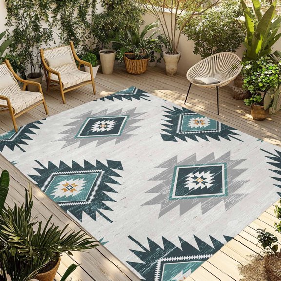 Turquoise Aztec Outdoor Rug 5x8 Ft - Reversible Patio Rug Outdoor Camping Rugs, Bohemian Southwest Neutral Aesthetic Washable Indoor Outdoor Area Rugs, Non-Slip Outdoor Carpet Runner for Deck/Porch