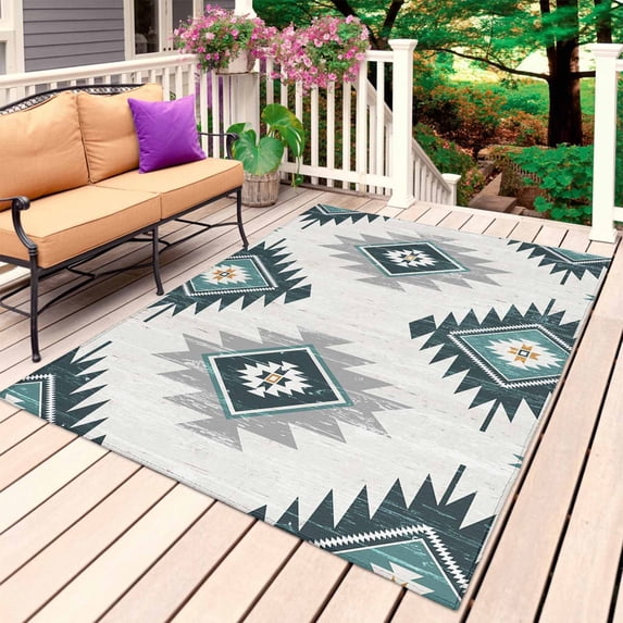 Turquoise Aztec Outdoor Rug for Patio/Deck/Porch, Non-Slip Large Area Rug 3 x 5 Ft, Bohemian Southwest Neutral Aesthetic Indoor Outdoor Rugs Washable Area Rugs, Reversible Camping Rug Carpet Runner