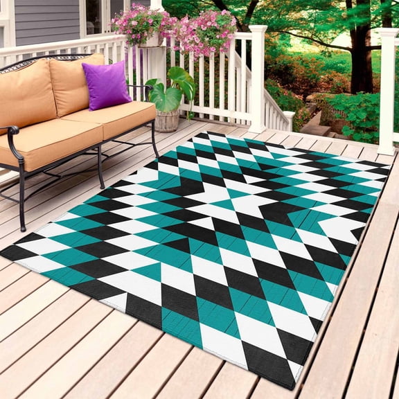 Turquoise Aztec Outdoor Rug for Patio/Deck/Porch, Non-Slip Large Area Rug 5 x 8 Ft, Black White Southwest Vintage Geometric Indoor Outdoor Rugs Washable Area Rugs, Camping Rug Carpet Runner