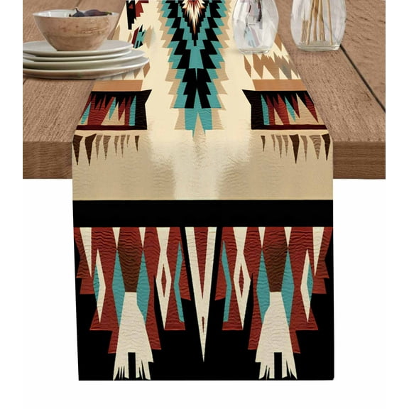 Turquoise Aztec Table Runner-Cotton Linen- 108 Inch Holiday Dresser Scarves, Boho Southwestern Vintage Tribal Ethnic Tablerunner for Kitchen Coffee/Dining Living Room Dinner Scarf Décor 13x108