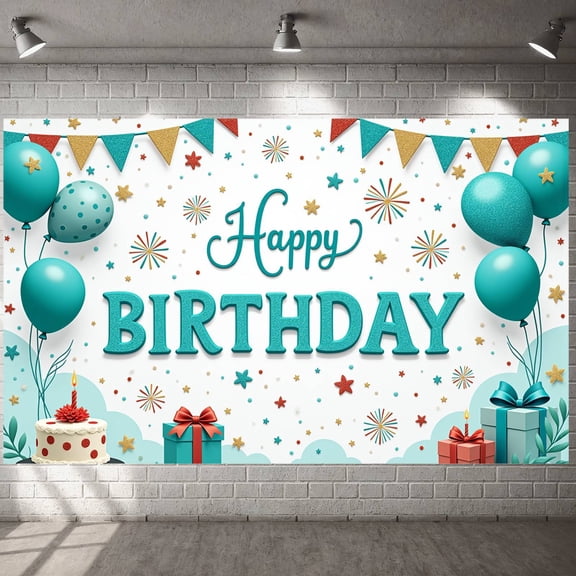 Turquoise Balloons Banner Gold Stars Birthday Party Display Firework Patterns Gift Boxes Party Backdrop for Birthday Party Kids Celebration Indoor Decoration