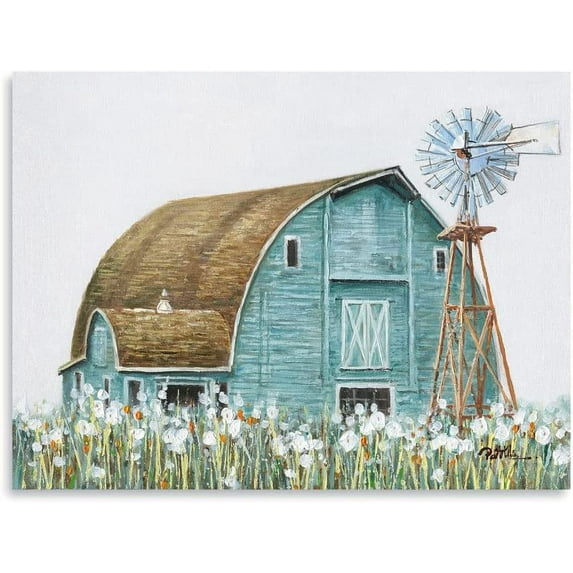 Turquoise Barn Canvas Wall Art: Handpainted Embellishment Rustic Teal Barn Bathroom Decor Old Barn Painting Framed for Farmhouse Ready to Hang (12"x16")