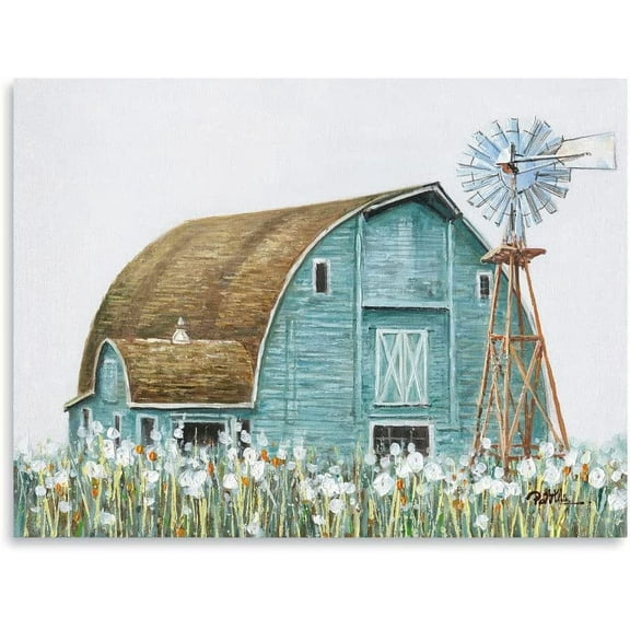Turquoise Barn Canvas Wall Art: Handpainted Embellishment Rustic Teal Barn Bathroom Decor Old Barn Painting Framed for Farmhouse Ready to Hang (12"x16")