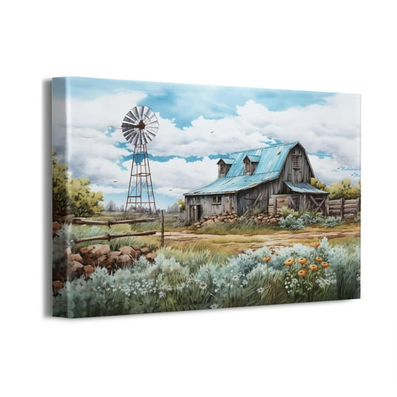 Turquoise Barn Canvas Wall Art Modern Artwork Rustic Teal Barn Bathroom Decor Old Barn Painting Framed for Farmhouse Ready to Hang (16"x12"x1 Panel)