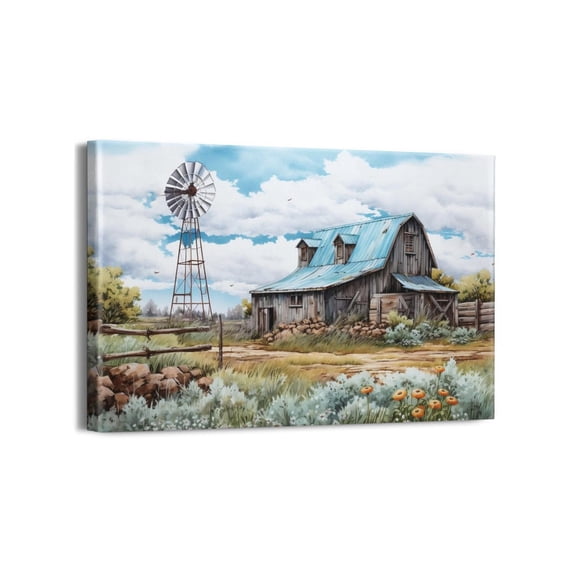 Turquoise Barn Canvas Wall Art Modern Artwork Rustic Teal Barn Bathroom Decor Old Barn Painting Framed for Farmhouse Ready to Hang (18"x12"x1 Panel)
