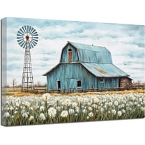 Turquoise Barn Canvas Wall Art Rustic Teal Old Barn and Windmill Flowers Painting Prints for Kitchen Home Decor Framed (Old Barn-A,12" x 18")