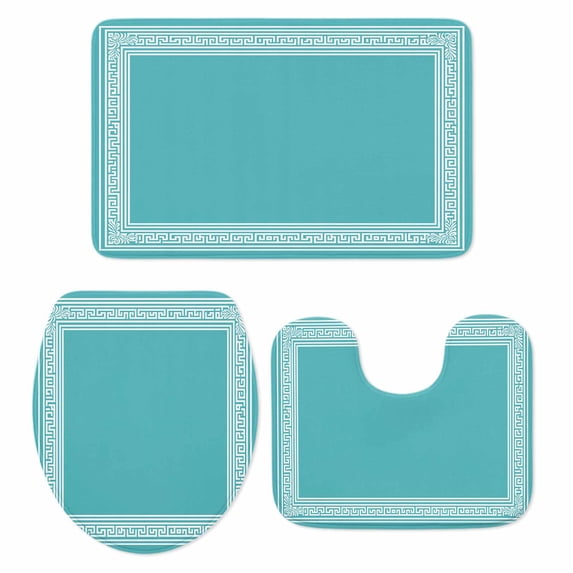 Turquoise Bath Mat 3 Piece Bathroom Rug Set, Geometric Boho Ethnic Tile Chic Monochrome Non Slip Bath Rug Contour Mat and Toilet Lid Cover, Absorbent Shower Mats Soft Bath Rugs and Mats Sets