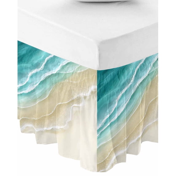 Turquoise Beach Coastal Bed Skirt Cal King 18 Inch Drop, Wrap Around Bed Skirts, Summer Ocean Nautical Seaside Elastic Bedskirt Pleated Bed Frame Cover Luxurious Dust Ruffle for Cal King Bed