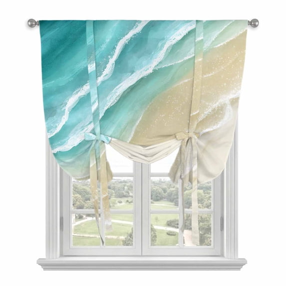 Turquoise Beach Coastal Tie Up Curtains for Windows, Adjustable Balloon Window Shades, Summer Ocean Nautical Seaside Kitchen Window Treatments Adjustable Roll Up Curtain for Basement/Nursery 52"x45"