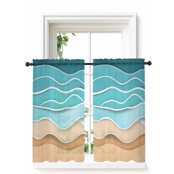 Turquoise Beach Curtains 45 Inch Length, Sheer Curtains for Bedroom Living Room Window Abstract Ripple Gradient Ocean Sand Rod Pocket Voile Drapes Kitchen Curtains Small Half Window 42"x45" 2 Panels
