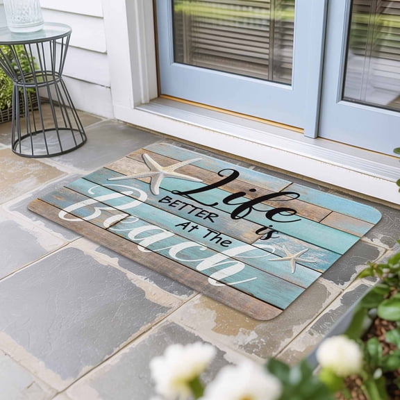 Turquoise Beach Door Mat Indoor Outdoor, Coastal Starfish Retro Wooden Plank Non Slip Welcome Mat with Rubber Backing, Absorbent Fabric Front Door Mats Entryway Rug for Home Patio Entrance 16"x24"