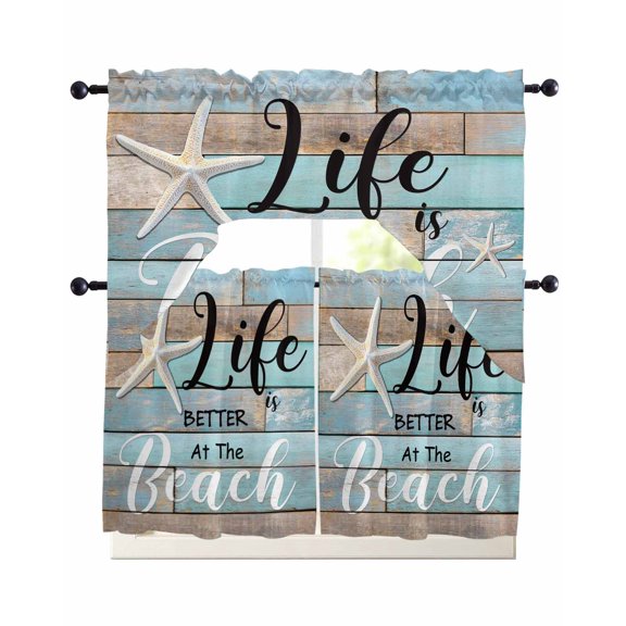 Turquoise Beach Kitchen Curtains Sets 24 Inch Length with Valance, Coastal Starfish Retro Wooden Plank Swag Valances and Tiers Curtain Set Drapes Swag Curtains for Living Room, Bathroom, Bedroom