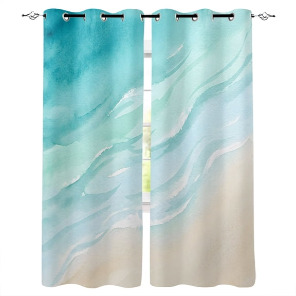 Turquoise Beach Kitchen Curtains Summer Coastal Abstract Ocean Wave Cafe Short Curtains for Bathroom Blackout Window Curtain Small Window Treatment Tier Drapes for Bedroom Living Room 27.5"x39"x2