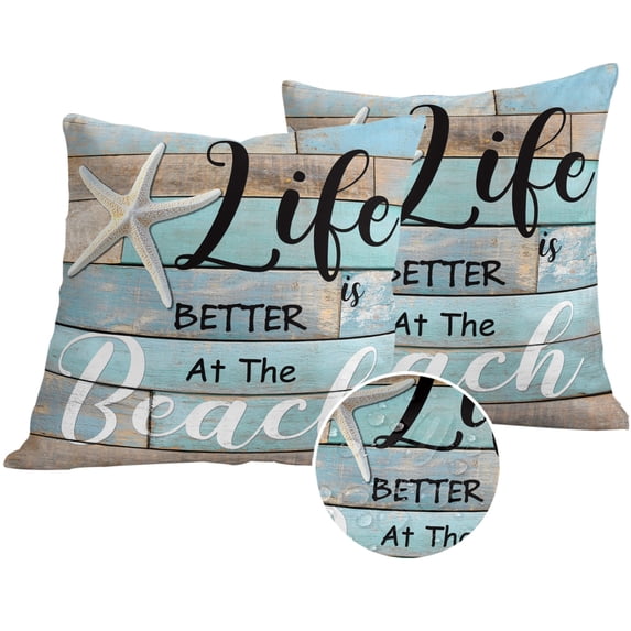 Turquoise Beach Outdoor Pillow Covers 26x26 Set of 2,Waterproof Patio Throw Pillowcase Protectors,Coastal Starfish Retro Wooden Plank Decorative Pillow Shams Cushion Covers for Seat Bed Couch Sofa