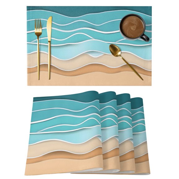 Turquoise Beach Placemats Set of 2, Cotton Linen Fabric Place Mats, Abstract Ripple Gradient Ocean Sand Washable Decorative Table Mats Protector for Home Kitchen Dining Wedding Party Coffee Tables