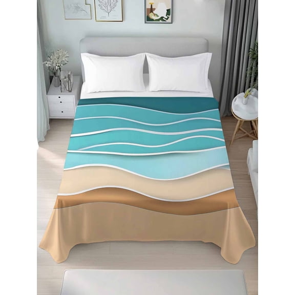 Turquoise Beach Queen Size Flat Sheet, Wrinkleproof & Fadeproof Cooling Flat Bed Sheet Only, Abstract Ripple Gradient Ocean Sand Breathable Soft Bedding Top Sheets 90 x 102 Inches