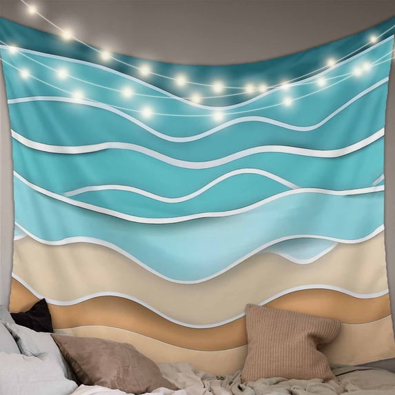 Turquoise Beach Small Tapestry for Bedroom Wall Hanging Tapestry, Abstract Ripple Gradient Ocean Sand Ceiling Backdrop Tapestries Poster Blanket Wall Decor for Teens Room Living Room Dorm 23" x 28"