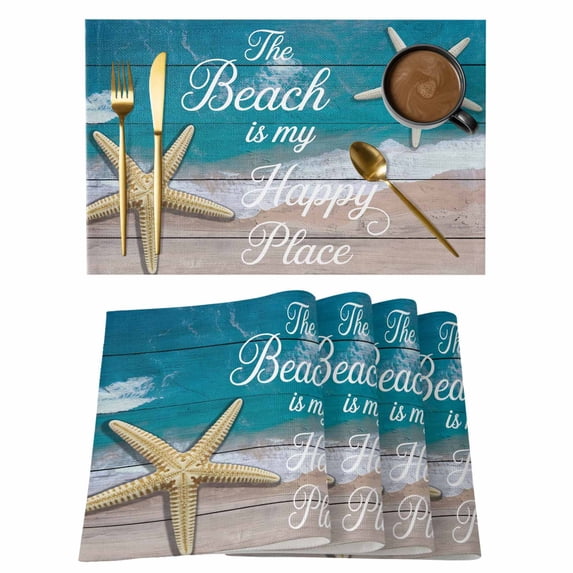 Turquoise Beach Summer Placemats Set of 8, Starfish Coastal Gradient Placemats for Dining Table, Place Mats for Kitchen Tabletop, Waterproof Wipeable Dining Table Mats Set