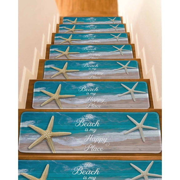 Turquoise Beach Summer Stair Treads for Wooden Steps Indoor Runner Rug Carpet, Starfish Coastal Gradient 4 Pieces Peel and Stick Staircase Step Treads Covers Washable Throw Door Mats, 30"x8"