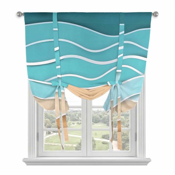Turquoise Beach Tie Up Curtains for Windows, Adjustable Rod Pocket Valance Shade, Abstract Ripple Gradient Ocean Sand Light Filtering Window Treatment for Kitchen Bedroom Living Room 34"x 45"
