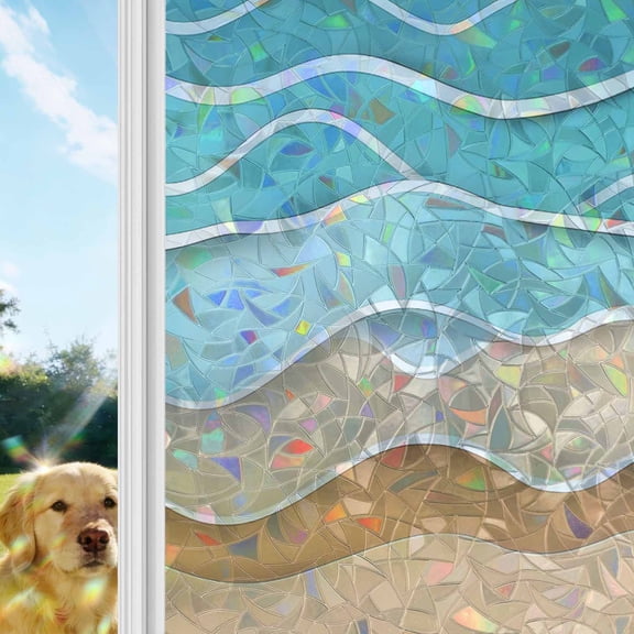 Turquoise Beach Window Privacy Film Stain Glass,Reusable Decorative Rainbow Window Film,Abstract Ripple Gradient Ocean Sand Static Cling Sun Blocking Stickers Decals Covers 23.6" x 59" (2pcs)