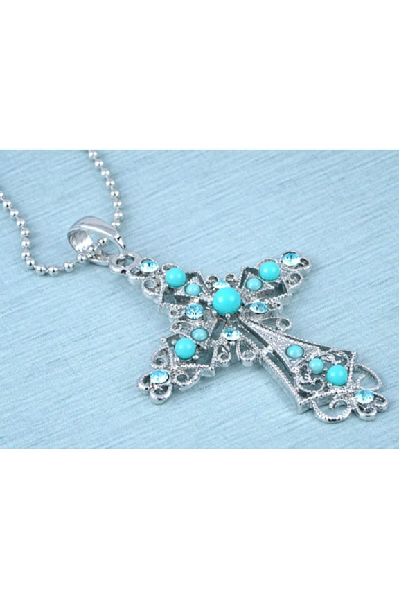 Turquoise Bead Aqua Blue Crystal Rhinestone Blessed Love Cross Pendant Necklace