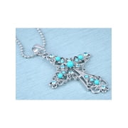 Turquoise Bead Aqua Blue Crystal Rhinestone Blessed Love Cross Pendant Necklace