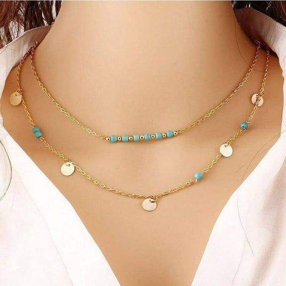 Turquoise Bead Double Layer Necklace for Woman Everyday Modern Wear in Yellow Gold