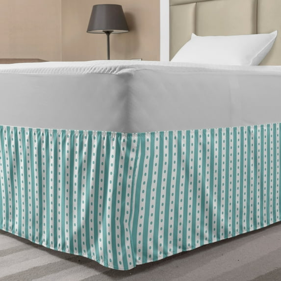 Turquoise Bed Skirt, Dots Rounds and Stipes with Thick Borders Vintage Retro Textured Image, Elastic Bedskirt Dust Ruffle Wrap Around for Bedding Decor, 4 Sizes, Mint Green and White, by Ambesonne