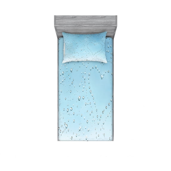 Turquoise Bedding Set with Sheet & Covers, Heart Shape Rain Droplets on Crystal Clear Window Glass Pure Love Valentines Romantic, Printed Bedroom Decor 2 Shams, 4 Sizes, Blue, by Ambesonne