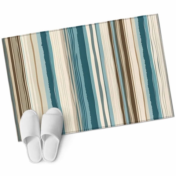 Turquoise Beige Bathroom Mat 2x3 FT, Non Slip Small Kitchen Mat, Boho Vertical Stripes Bohemian Retro Washable Soft Backed Front Door Throw Rug Non-Shedding Indoor Outdoor Doormat for Entryway Sink
